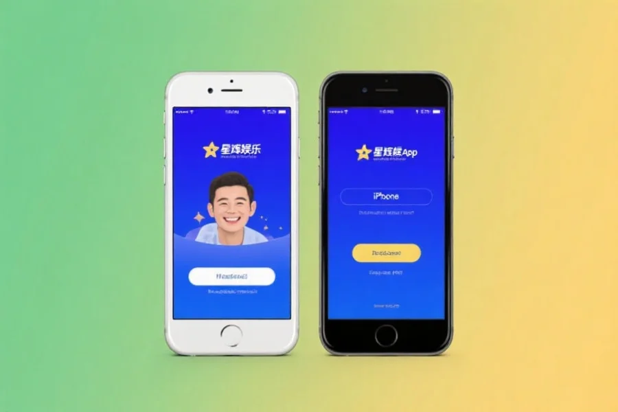 两部手机(iPhone和Android)并排放置,屏幕显示星辉娱乐App安装成功界面,用户面带微笑