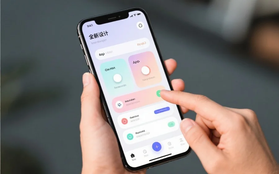 手机屏幕展示全新设计的App界面,色彩柔和,按钮布局合理,用户微笑操作